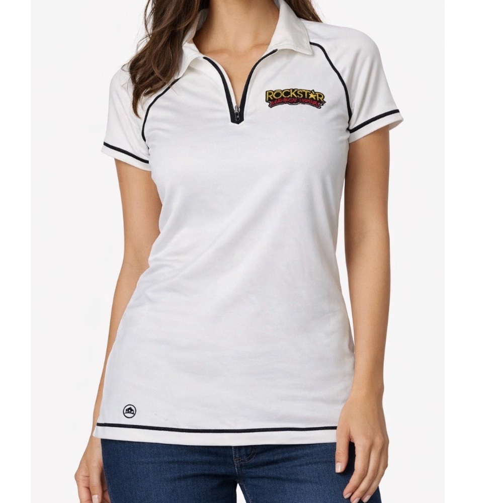 Rockstar golf Polo women's white black piping embroidered logo NEW SZ MD